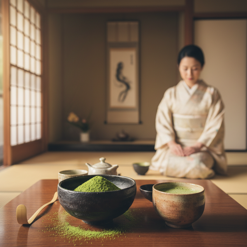 Keep Japanese Tea ceremony in background .. on table keep green tea leaves in a bowl and green tea in a Japanese style cup