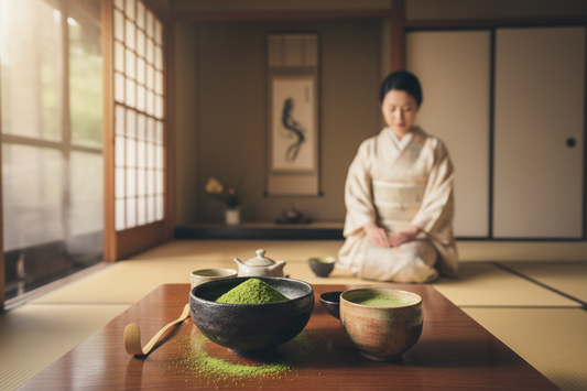 Keep Japanese Tea ceremony in background .. on table keep green tea leaves in a bowl and green tea in a Japanese style cup 