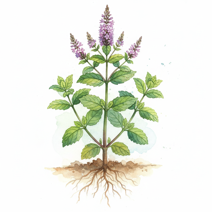 Peppermint (पुदीना, Pudina), show the entire plant in the watercolour style 
